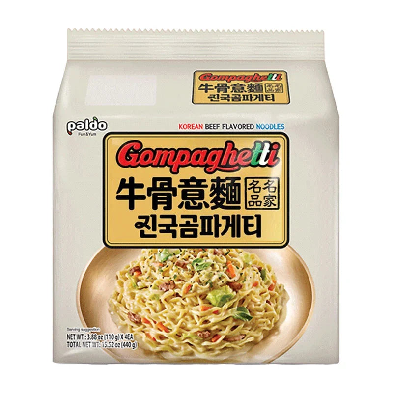 Dry Paldo Gompaghetti noodles in a clear plastic package, ready for cooking and serving in Asian-style dishes.