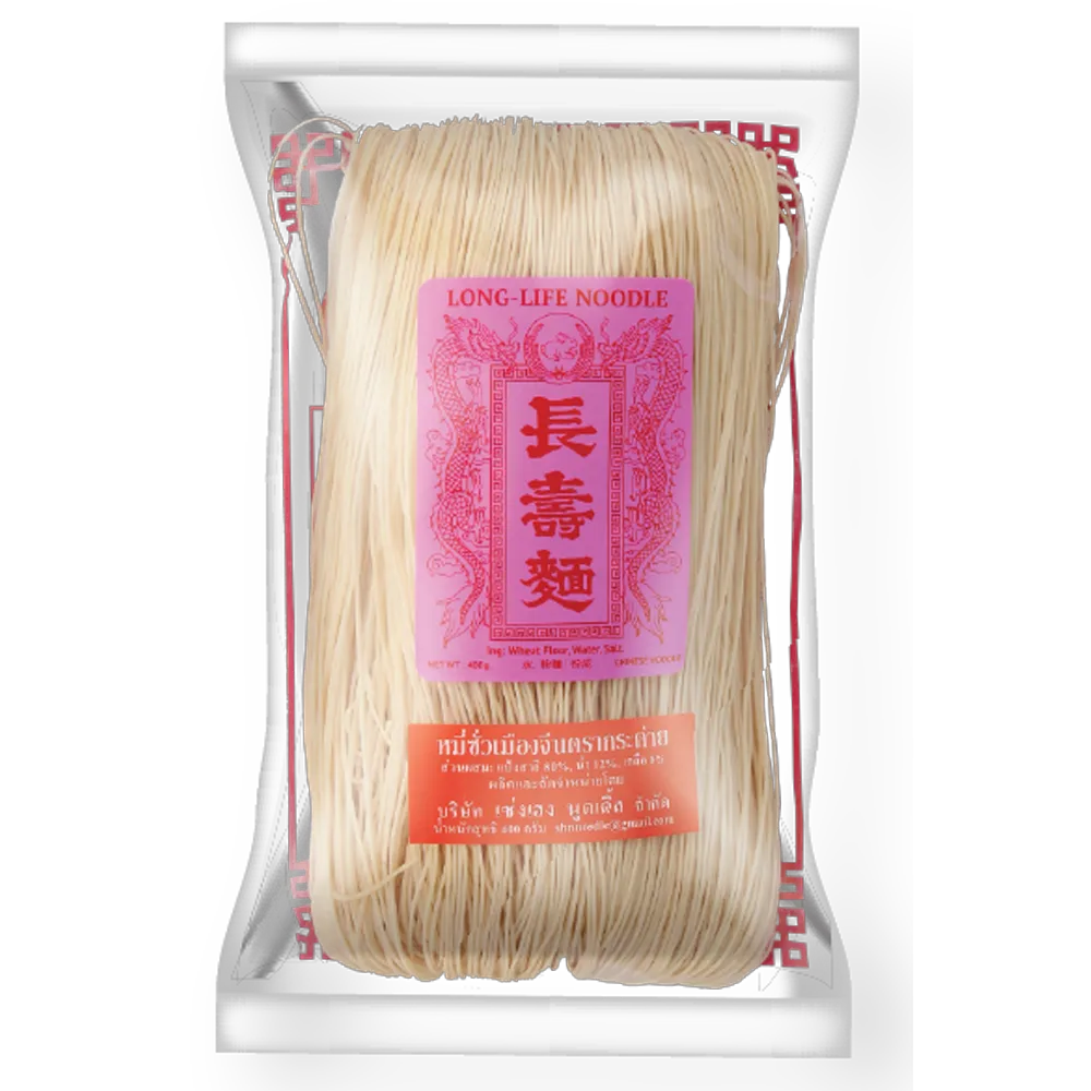 Dry Rabbit Brand Chinese noodles 400g package, featuring uncooked noodles in a clear bag with vibrant branding.
