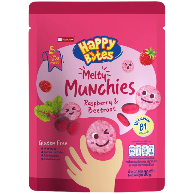 Namchow Happy Bites Rice Melty Munchies with raspberry and beetroot, colorful confectionery snacks in bright packaging