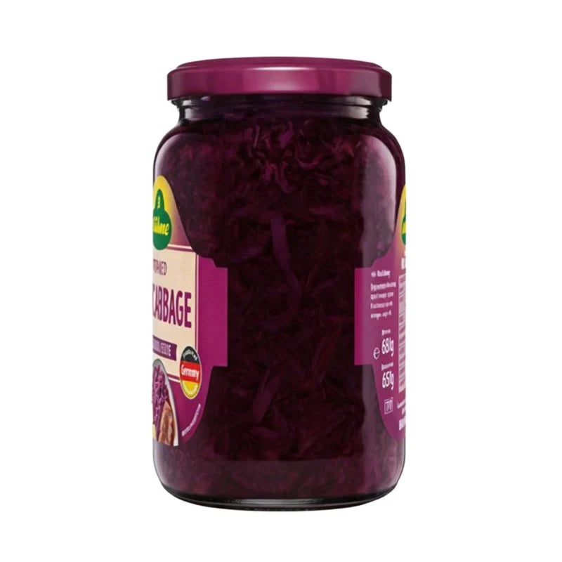 Cans of Kuhne Red Cabbage in 680g jars, showcasing vibrant red and purple shredded cabbage ready for cooking or serving