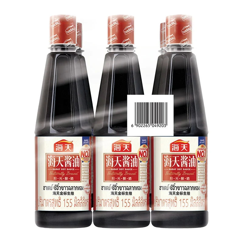 Haday Golden Soy Sauce 155ml bottles, Asian condiment, soy sauce bottles with golden label, six-pack for cooking and seasoning.
