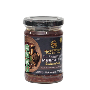 Blue Elephant Massaman Curry Paste in a jar, vibrant blue packaging, ready for cooking flavorful Thai Massaman curry.