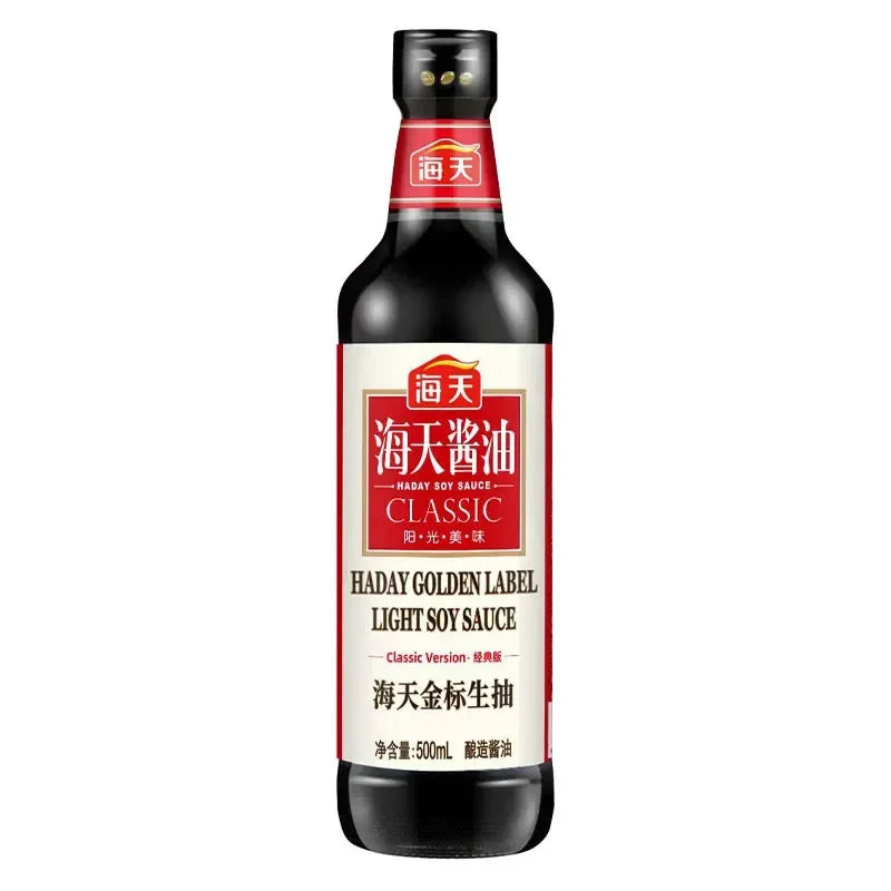 Haday Golden Soy Sauce 500ml bottle, popular dry grocery item, with golden label and clear plastic packaging.