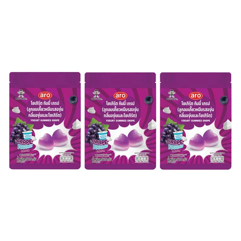 Aro Gummy Yogurt Grape snacks in 125g packs, showing colorful grape-shaped gummy candies with yogurt coating.