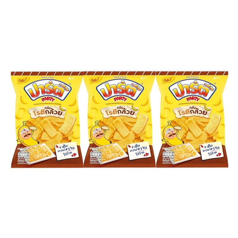 Party Extrude Banana Roti 48g x3 pack of dry grocery snacks with banana flavor, featuring the Party brand packaging.