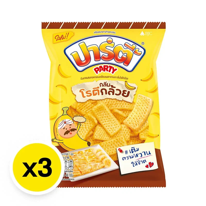 Party extrude banana roti, 48g x3 packs, dry grocery snack with banana flavor, from the PARTY brand.