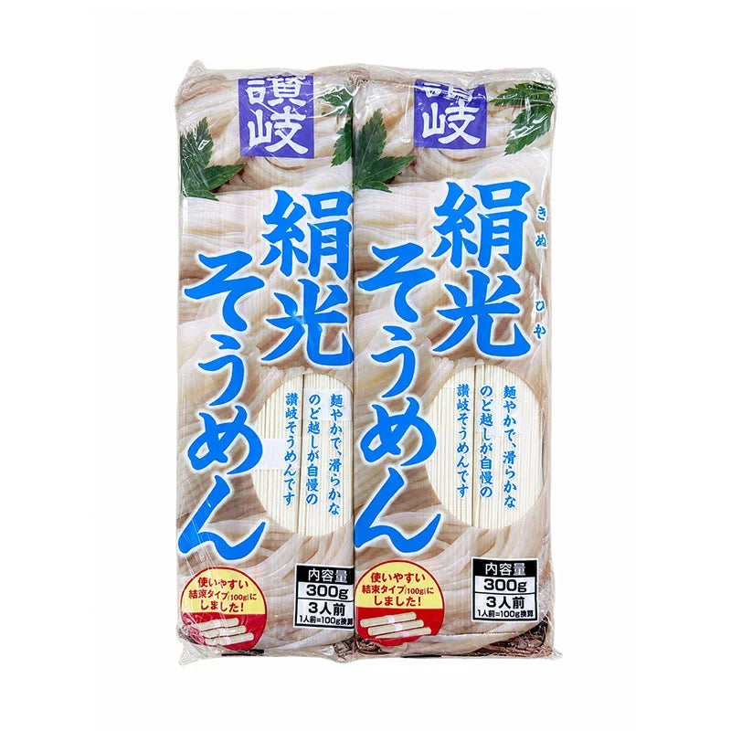 Sanuki Shisei Kinutsuya Soumen dry noodles, 300g x2, packaged in clear plastic with Japanese branding, suitable for traditional Asian cuisine.