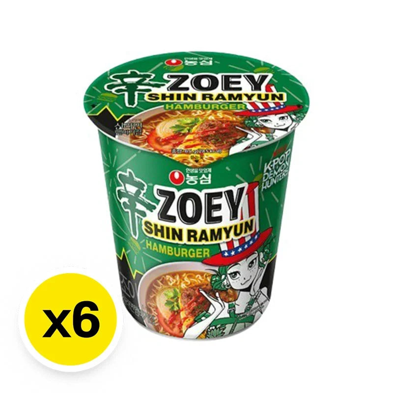 NONGSHIM Zoey Shin Ramyun Hamburger Cup 68g, instant dry noodle snack in a cup with noodles and seasoning packet visible.