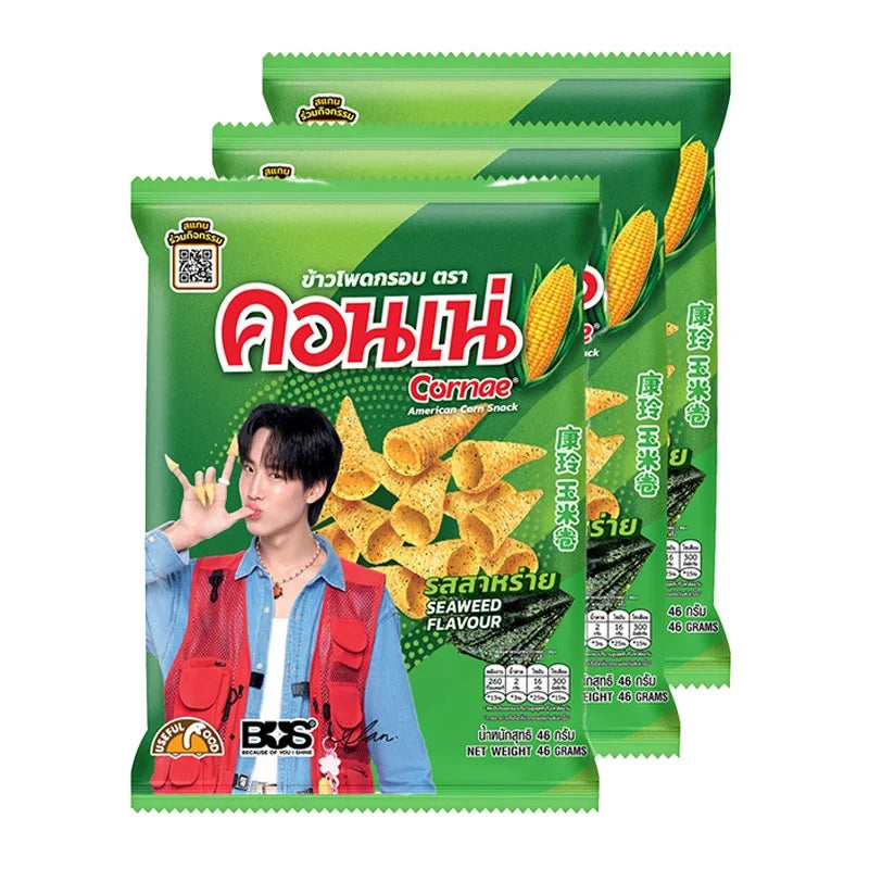 Cornae Corn Snack in seaweed flavor, 46g packs, featuring crispy corn snack with seaweed seasoning in a colorful package.