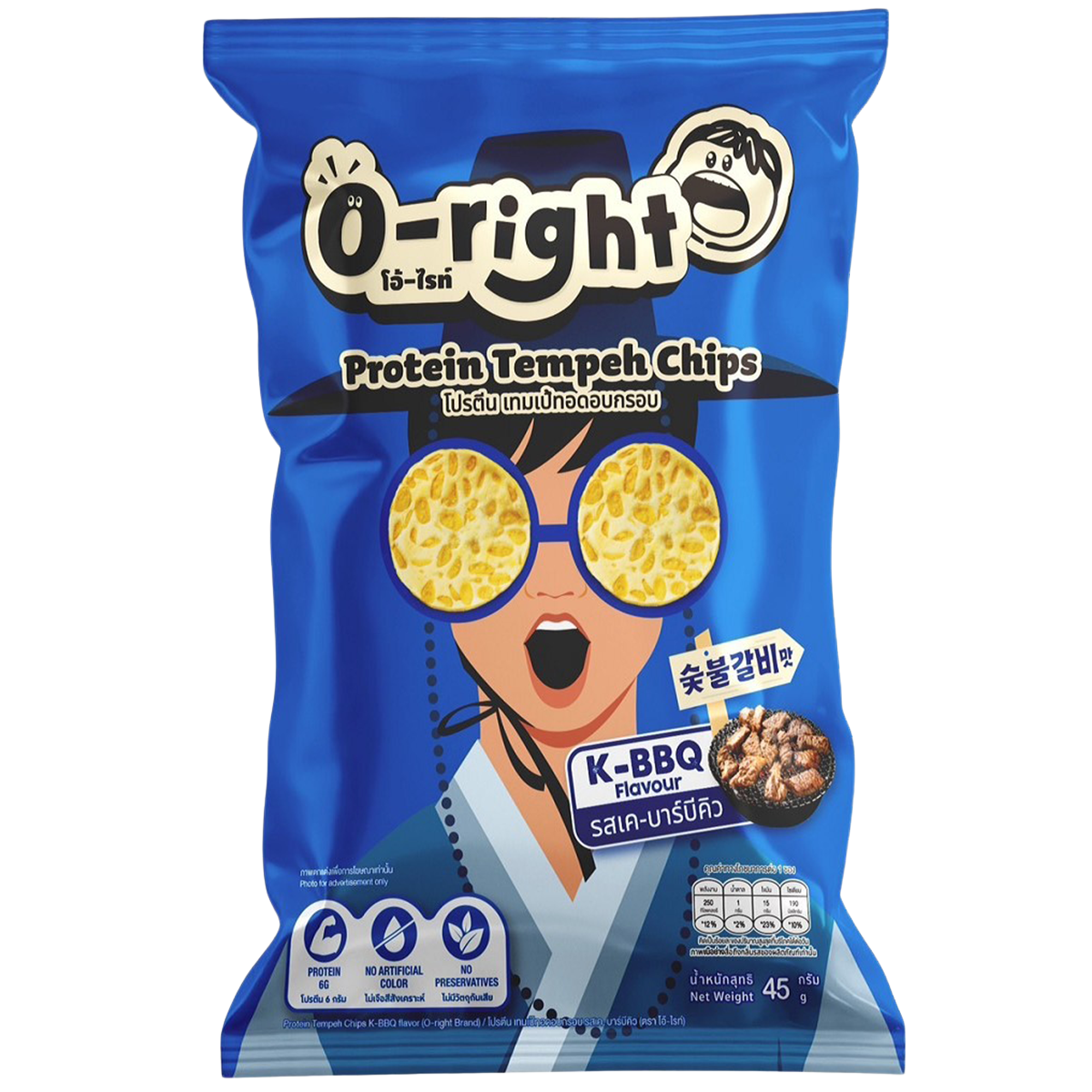 O-Right Protein Tempeh Chips K-BBQ, savory confectionery snack with crispy tempeh pieces flavored with barbecue.