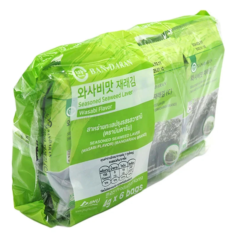 BANDARAN seasoned seaweed with wasabi flavor, dry grocery snack, thin crispy sheets in 4g package, ideal for snacking or salads.