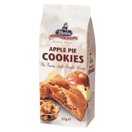 Merba apple pie cookies, confectionery snacks with golden-brown pastry and apple filling, arranged on a plate.