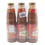 PANTAINORASINGH Sukiyaki Chili Sauce 330g, three bottles of Thai dry grocery sauce with red chili and savory flavor.