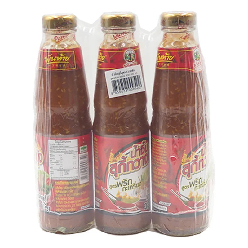 PANTAINORASINGH Sukiyaki Chili Sauce 330g, three bottles of Thai dry grocery sauce with red chili and savory flavor.