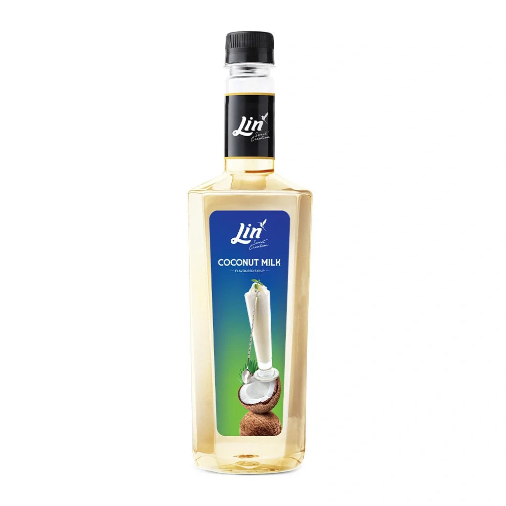 Lin concentrated coconut-scented syrup in a 750ml bottle, ideal for dry grocery use.