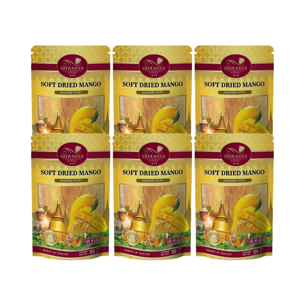 SRIWANNA soft dried mango pieces in a clear container, showcasing vibrant orange color and chewy texture for dry grocery shopping.