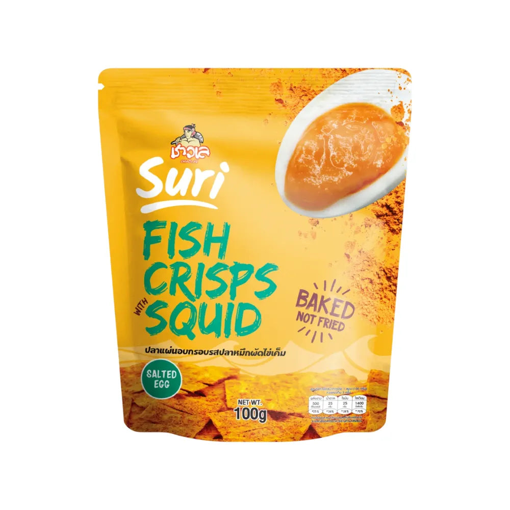 Chaolay Fish Crisps with Squid, 100g pack, showing crispy seafood snacks in a transparent bag, ideal for snacks and confectionery.