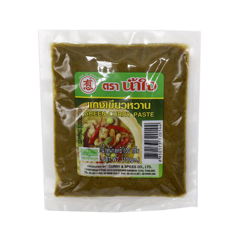 Nam Jai Green Curry Paste in a jar, vibrant green color, ready for cooking, from the Nam Jai grocery brand.