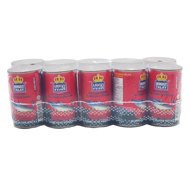 Canned Mongkut Talay Mackerel in tomato sauce, 145g per can, stacked in a box for dry grocery shopping.