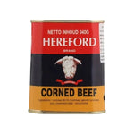 Cans of Hereford gluten-free corned beef from the dry grocery aisle, 340g each, stacked in a group.