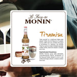 Bottle of MONIN Tiramisu Syrup in 700ml size, ideal for desserts and coffee drinks, with a dark caramel color.