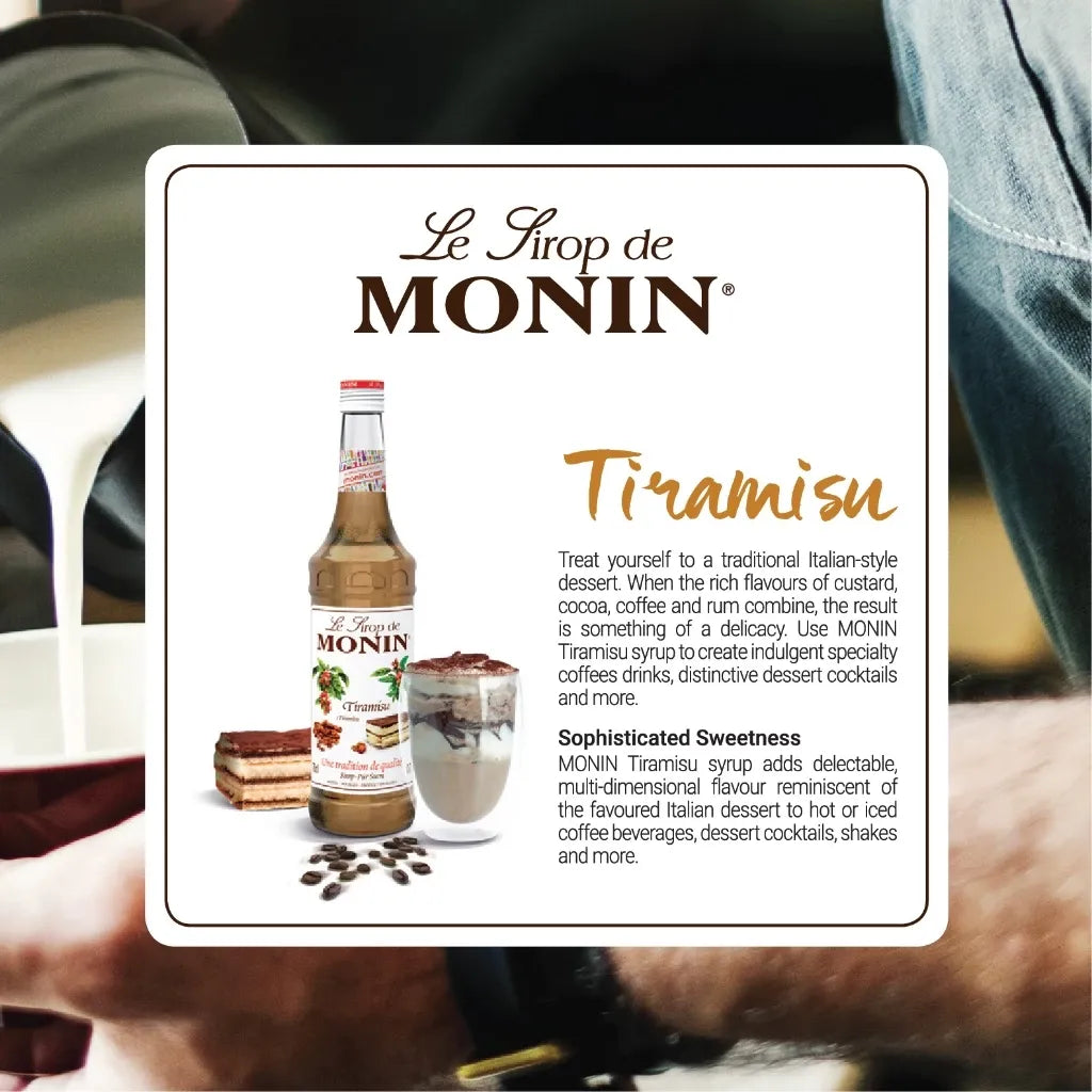 Bottle of MONIN Tiramisu Syrup in 700ml size, ideal for desserts and coffee drinks, with a dark caramel color.