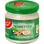 Jar of Gut & Gunstig Meerrettich, fresh horseradish spread in a grocery product container with label details visible.