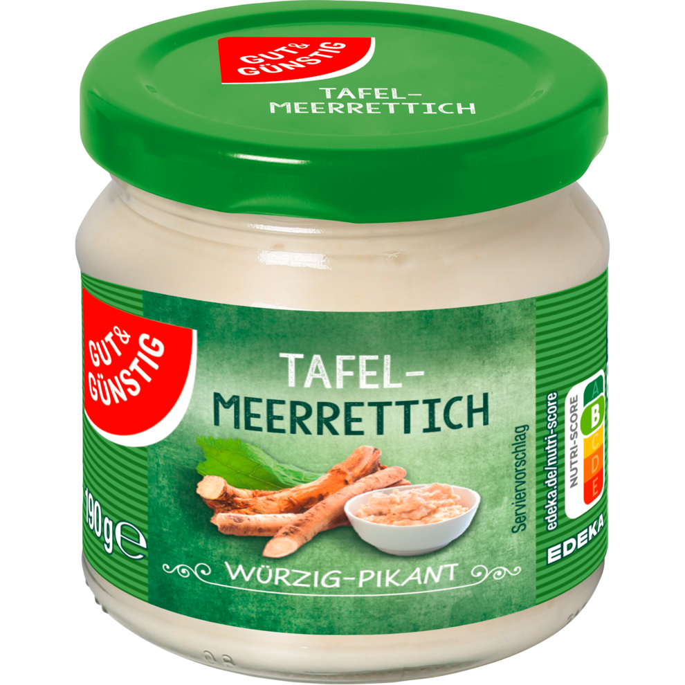 Jar of Gut & Gunstig Meerrettich, fresh horseradish spread in a grocery product container with label details visible.