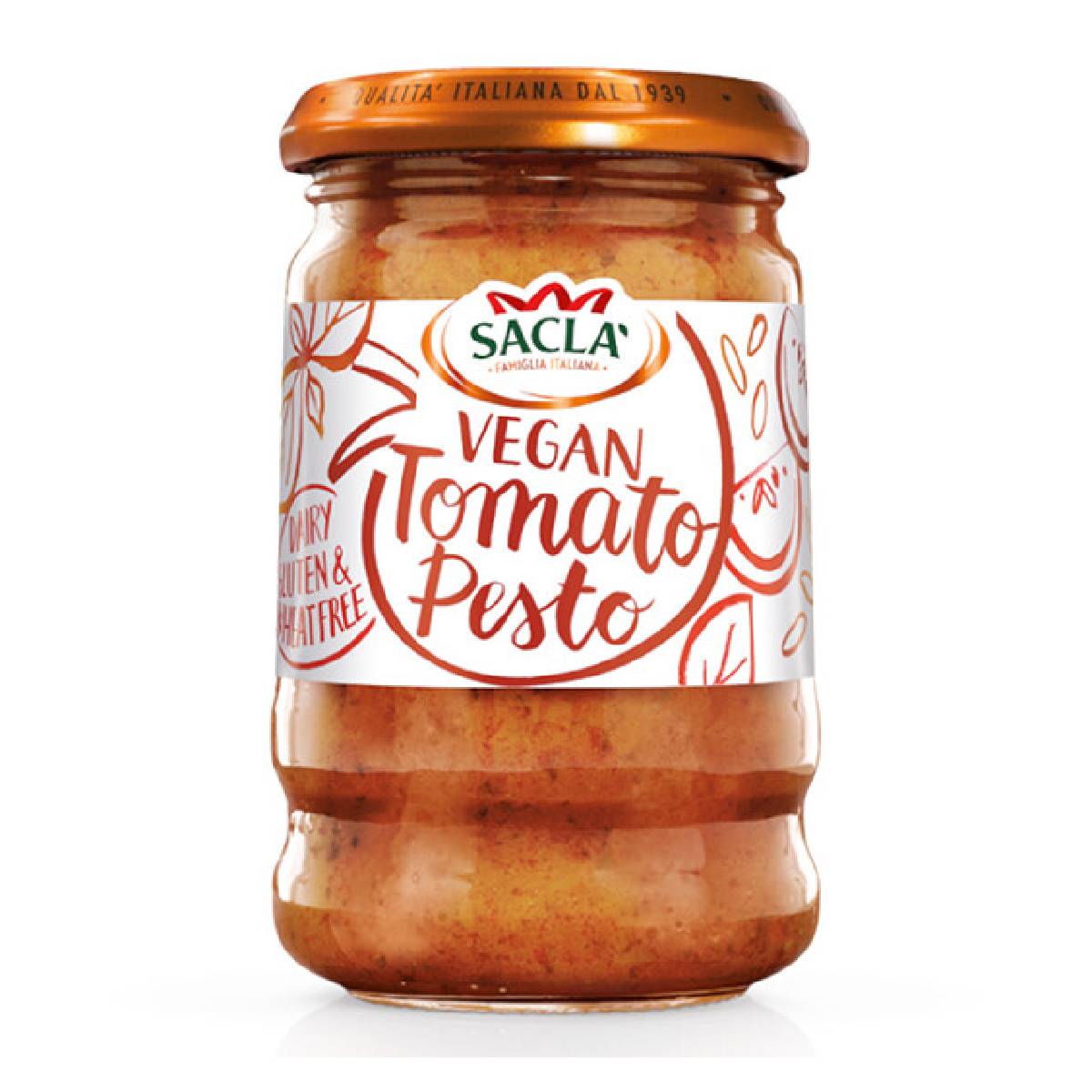 Sacla vegan tomato pesto jar with fresh basil and ripe tomatoes on a white background, ready for pasta or sandwiches.