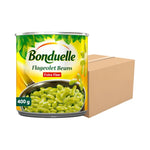 Canned Bonduelle Flazolet green beans in 400g can, dry grocery product with vibrant green beans visible inside the label