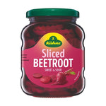 Cans of Kuhne Beetroot Sliced in 330g dry grocery packaging with label showing sliced beetroot and brand logo