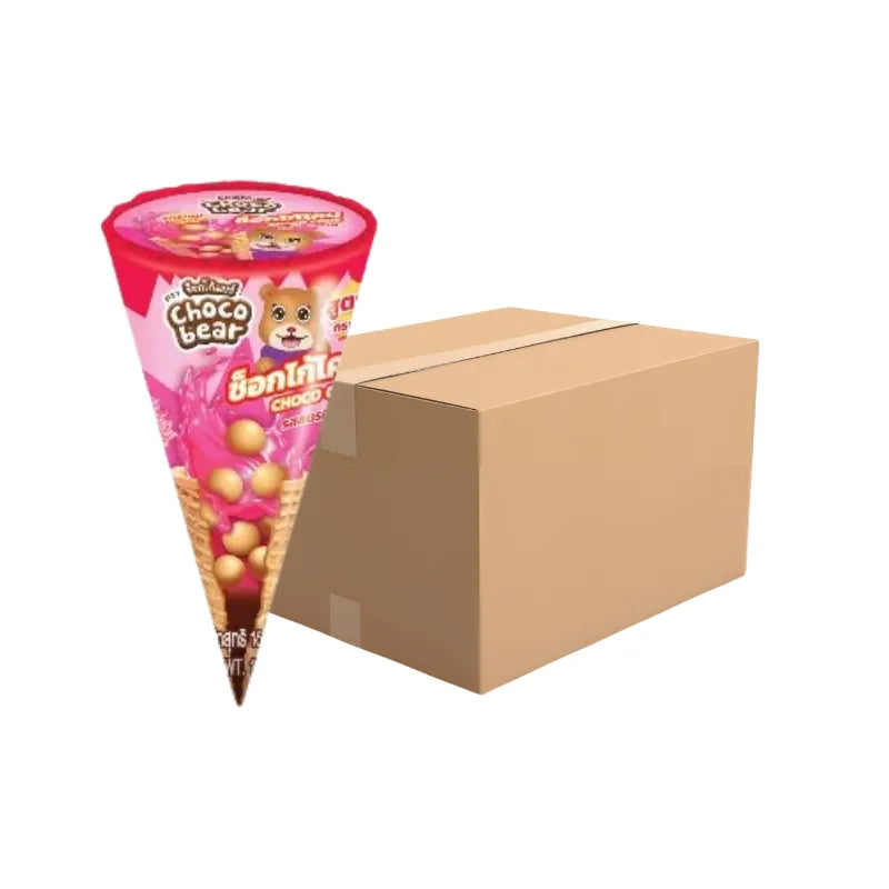 Choco Bear Chococone Strawberry flavor snack pack, 16g x12 pcs, dry grocery product, showing strawberry-flavored chocolate cones