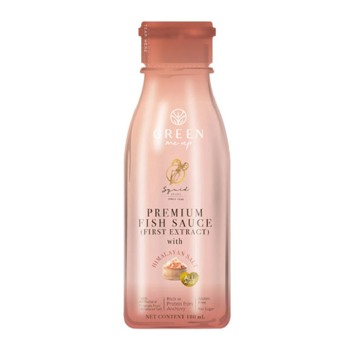 Squid Premium Fish Sauce first extract with Himalayan salt in a clear glass bottle, showing the dark, rich liquid inside.