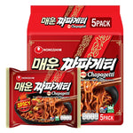 Nongshim Chapaghetti Jjajang Spicy instant noodles pack, 137g x5, dry grocery, with black bean sauce and spicy flavor in the image.