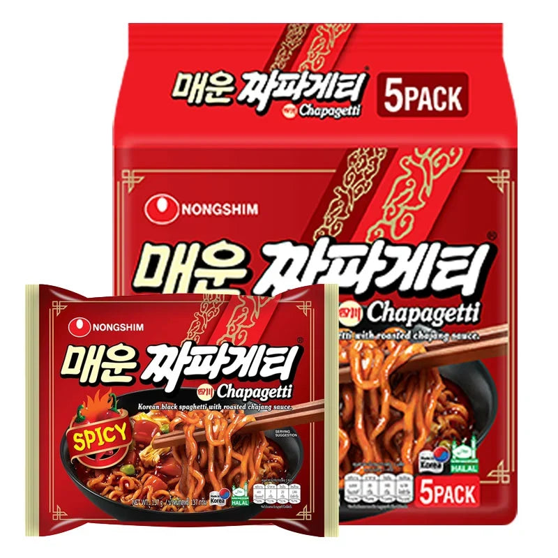 Nongshim Chapaghetti Jjajang Spicy instant noodles pack, 137g x5, dry grocery, with black bean sauce and spicy flavor in the image.