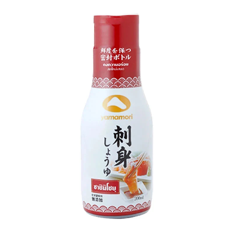 Yamamori Shoyu Sashimi soy sauce bottle in 200ml size, traditional Japanese dry grocery product with clear label and cap