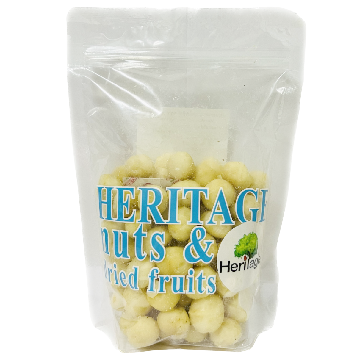 Heritage Raw Macadamia nuts in natural, unroasted form, showcasing their creamy, textured kernels in a close-up image.