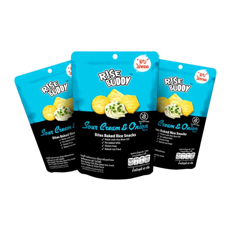 Rise Buddy Crispy Rice Snacks in a clear bowl, showing light, crunchy rice cereal snacks from RISE BUDDY brand.
