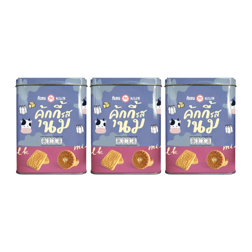 Kilin Milk Cream Biscuits in a 400g tin, stacked for display, part of the dry grocery snack and confectionery selection.