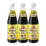 Nguan Chiang Light Soy Sauce 700ml bottles, clear glass with white caps, arranged in a row for dry grocery shopping.