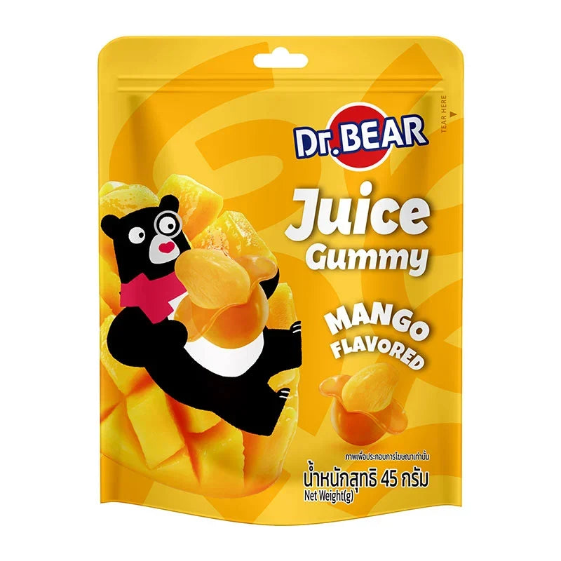 DR.BEAR Mango Gummy snacks in a 45g pack, shown in a box of ten for dry grocery and confectionery snack selection.