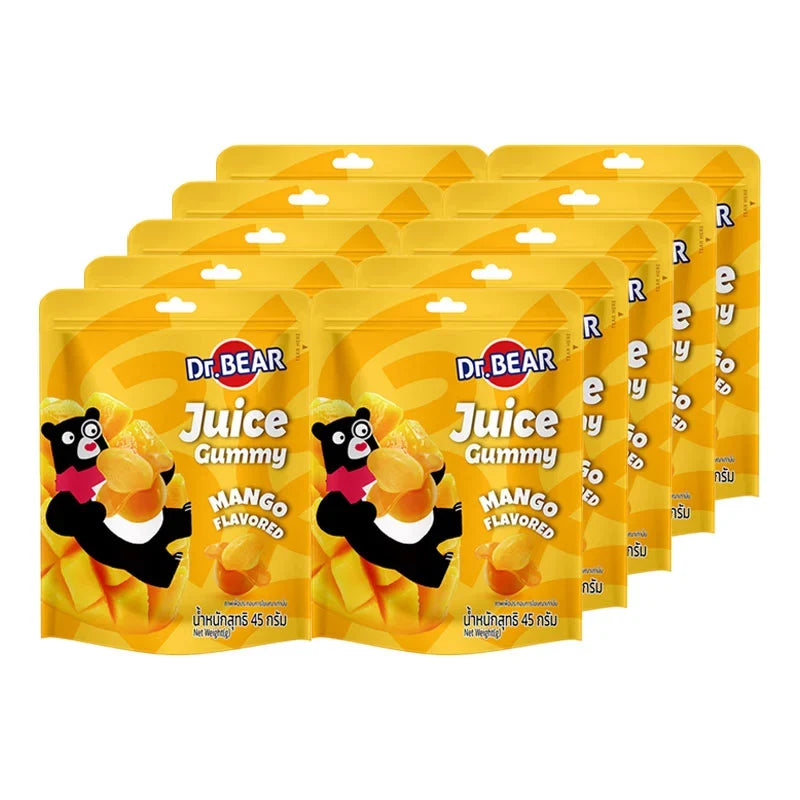 DR.BEAR Mango Gummy snack pack with ten 45g bags, featuring colorful mango-shaped gummies in a clear package.