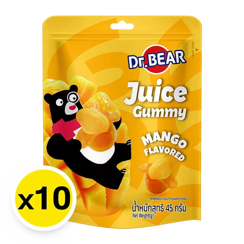 DR.BEAR Mango Gummy candies in a 45g pack, displayed in a box of 10, colorful chewy snack from the confectionery product line.