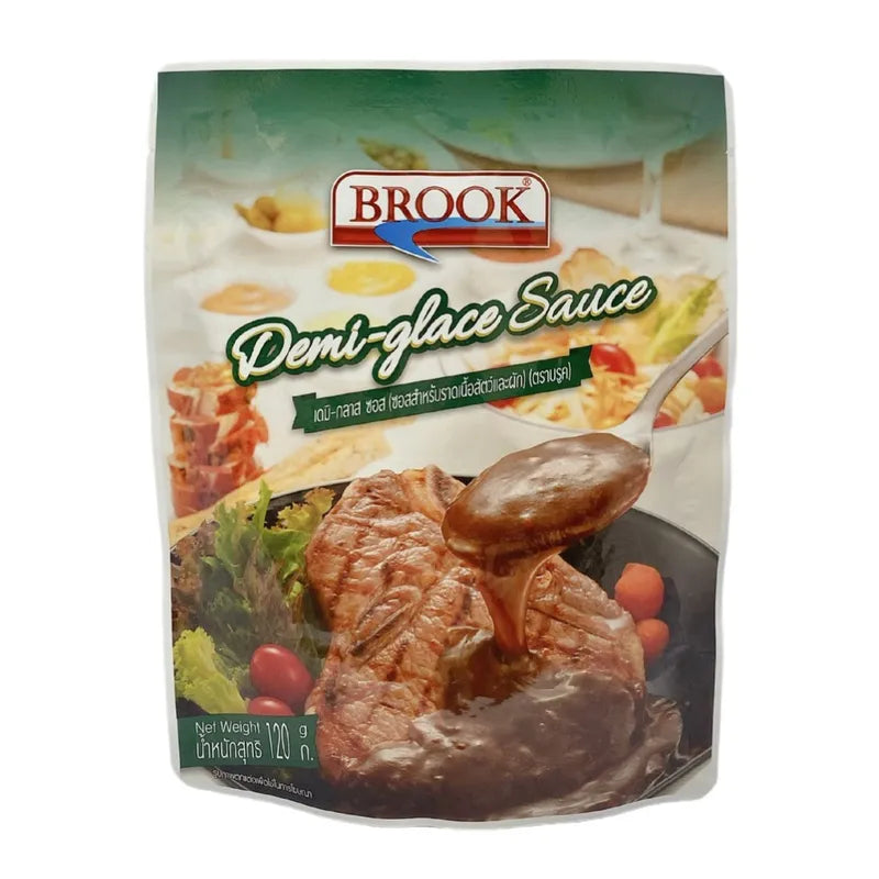 Brook Demi-Glace Sauce 120g in dry grocery pack, rich brown sauce with a glossy finish and smooth texture.