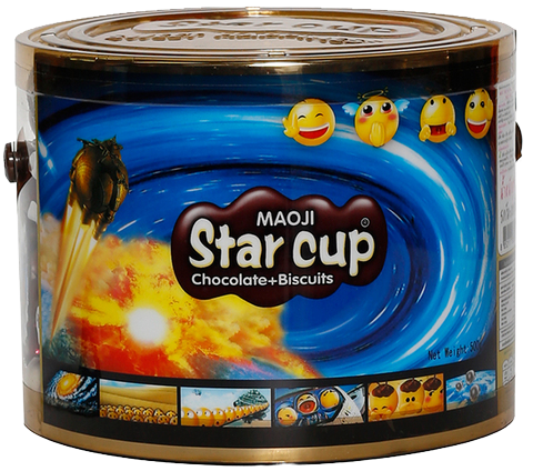 Maoji Star Cup chocolate and biscuit dip snack in a clear plastic cup with chocolate and biscuit pieces visible inside.