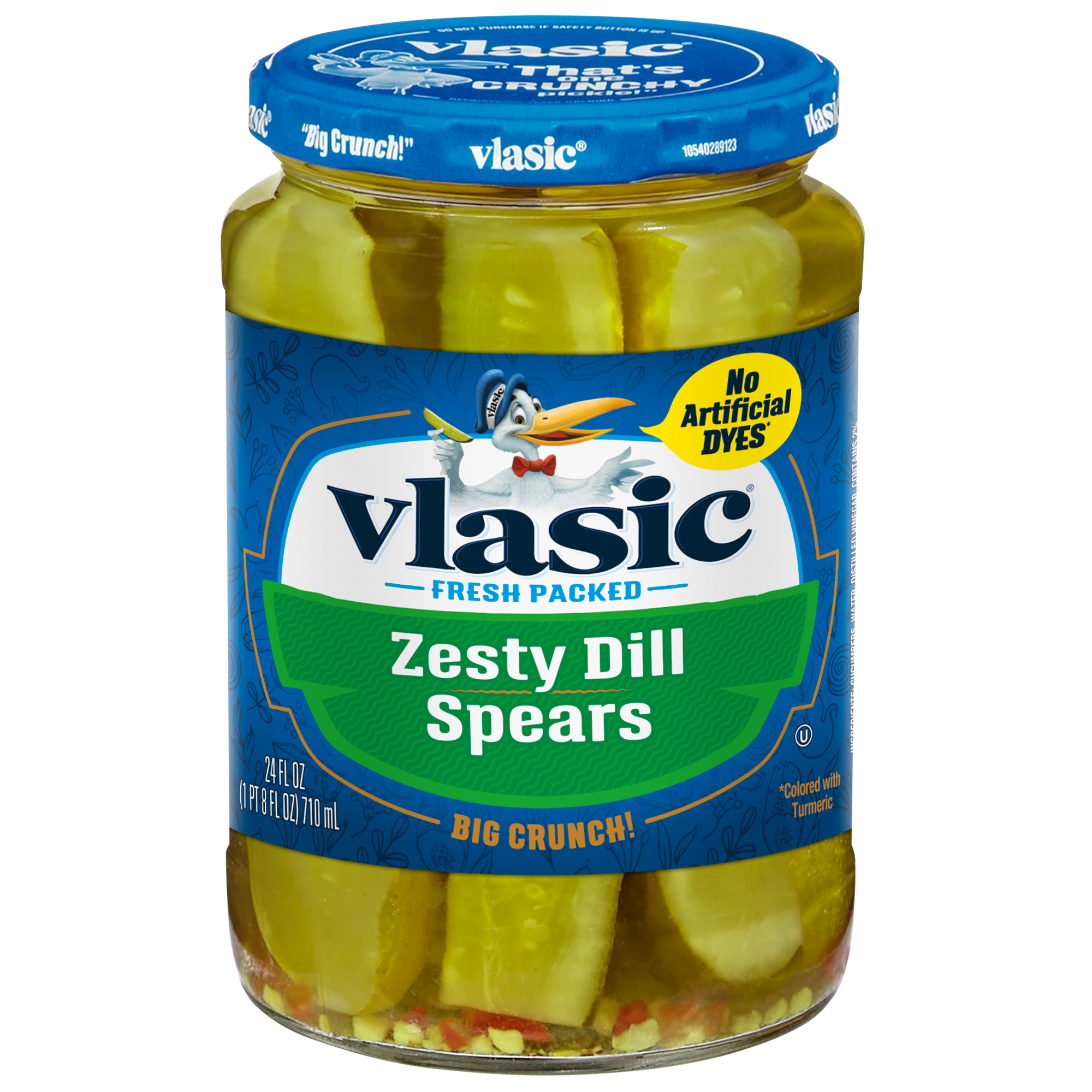 Jar of Vlasic Zesty Dill Spears pickles with fresh dill and crispy cucumbers visible in the transparent jar.