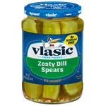 Jar of Vlasic Zesty Dill Spears pickles with fresh dill and crispy cucumbers visible in the transparent jar.