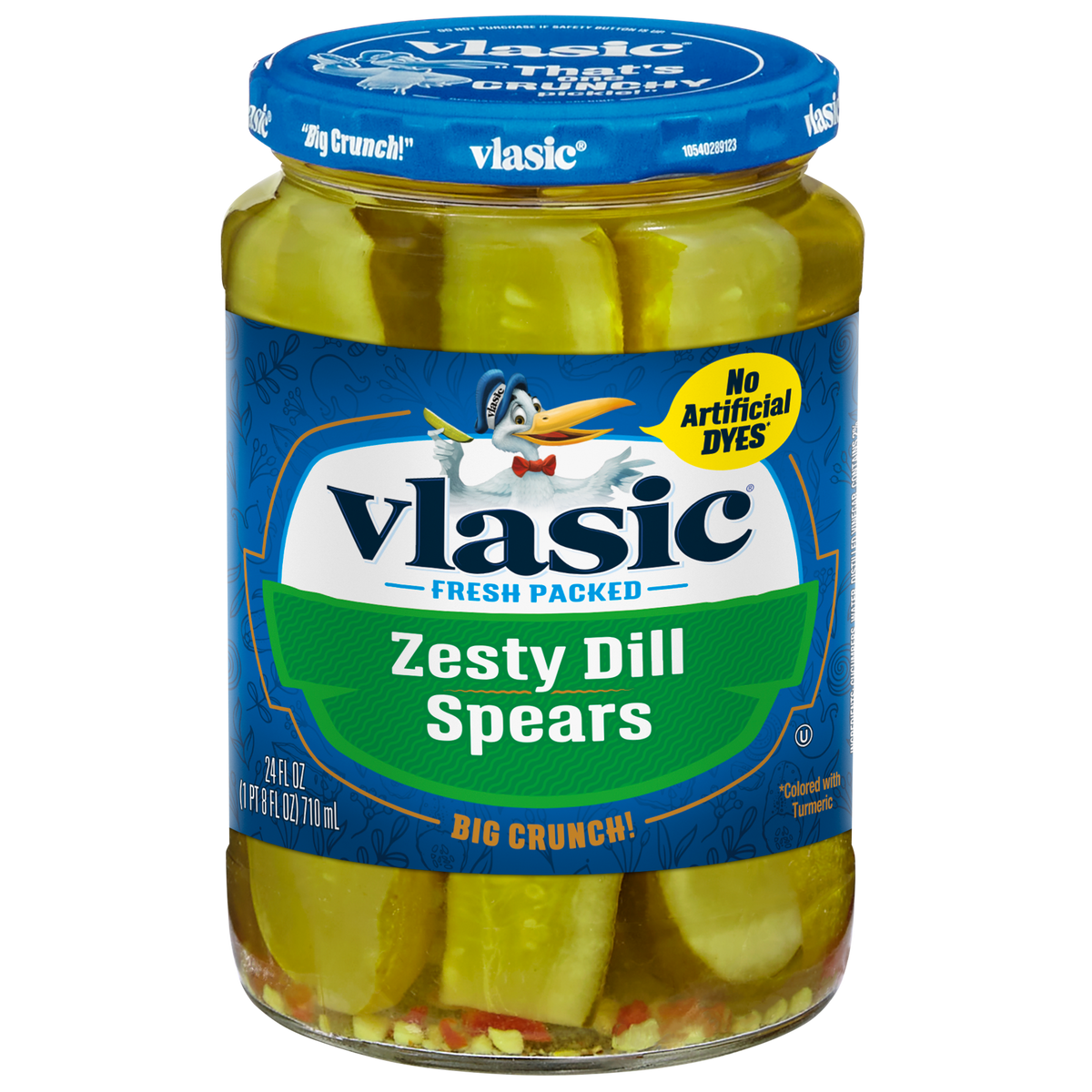 Jar of Vlasic Zesty Dill Spears pickles with fresh dill and crispy cucumbers visible in the transparent jar.