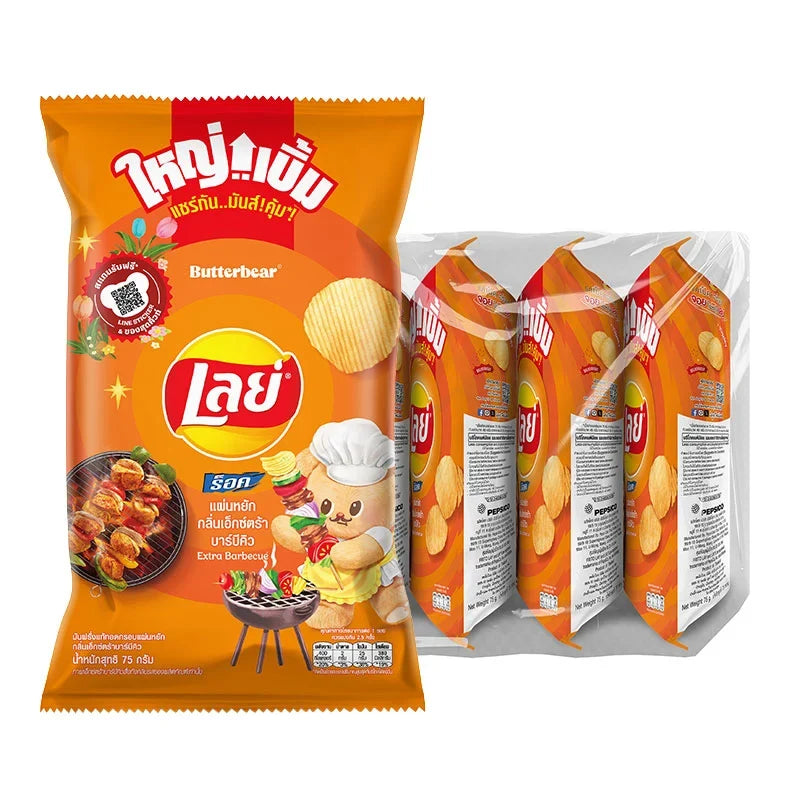 Lay's Rock BBQ Potato Chips 75g snack pack, showing crispy chips with smoky barbecue flavor in a colorful bag.