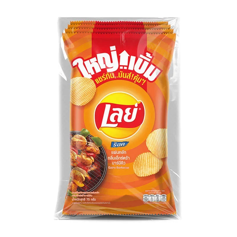 Lay's Rock BBQ Potato Chips, 75g pack, crispy snack in a colorful bag, ideal for dry grocery and snack lovers.